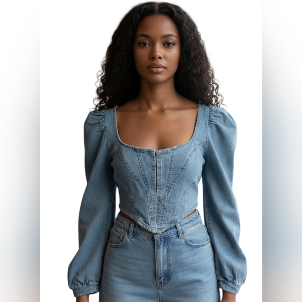 Akira Womens Romantic Denim Corset Top with Puff Sleeves Square Neck Size Medium